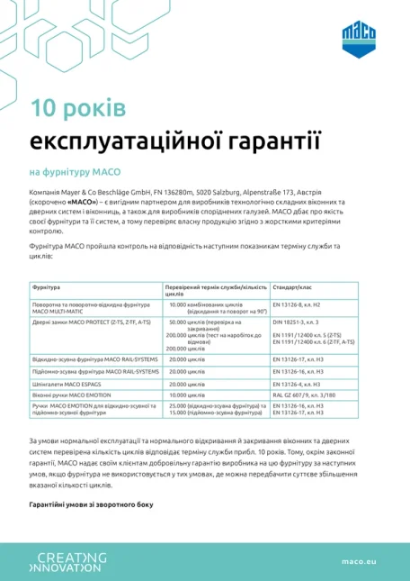 10 років експлуатаційної гарантії на фурнітуру MACO